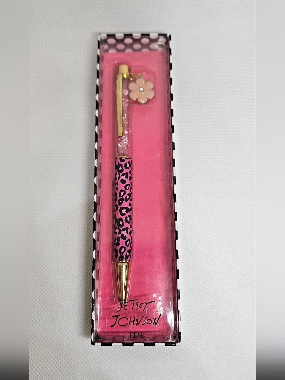 Betsey Johnson Leopard Print Pen Pink Black w Flower Charm NIB